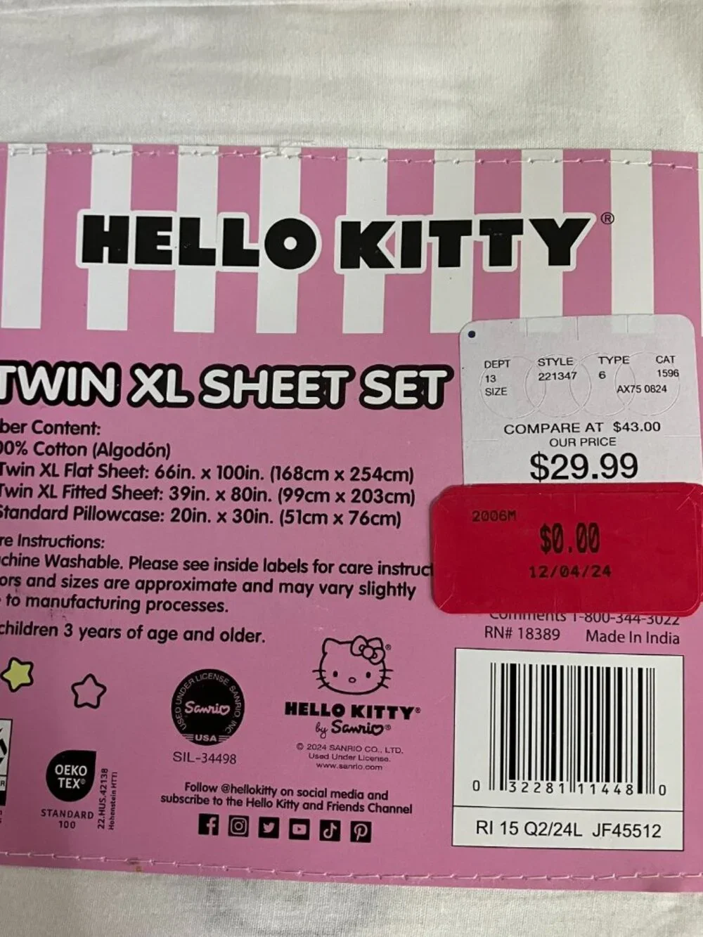 Hello Kitty Twin XL Sheet Set White Pink 100% Cotton 3 Piece Sanrio Bedding